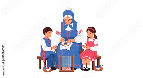 An elderly woman embroiders while a boy weaves on a loom and a girl holds yarn, all in folk costumes.