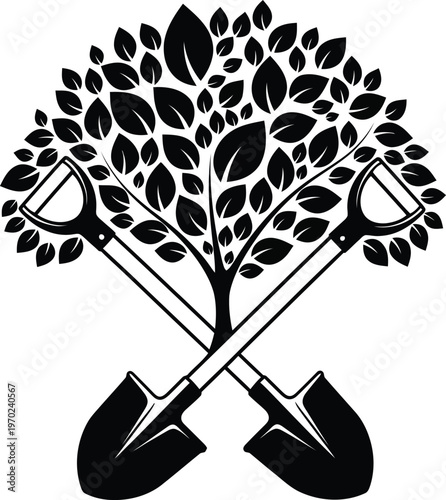 Symbolic representation of growth and labor intertwined with nature and tools