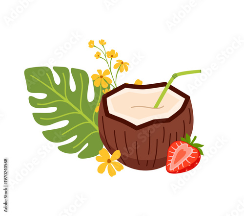 Summer coconut drink with strawberry fruits slice. Perfect for stickers, cards, icons, logos and tropical designs. Flat vector illustration.
