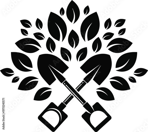 Crossed tools surrounded by leaves and branches symbolizing craftsmanship and nature harmony