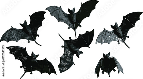 Collection of flying bats black silhouette engraving style spooky halloween wildlife nocturnal animal wings spread vector illustration isolated background
