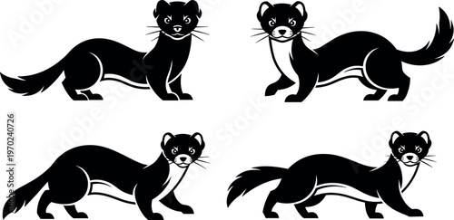 Black and white vector illustration set of stylized weasel or ferret mascots in various dynamic poses isolated on white background