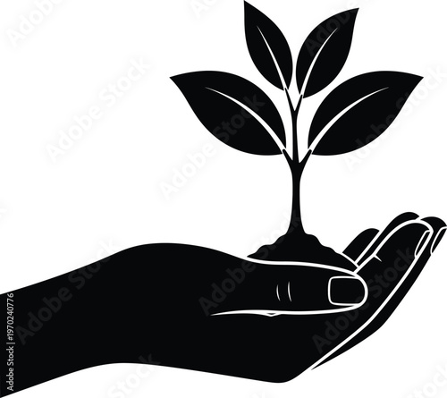 A hand gently cradling a small growing plant representing care and nurturing.