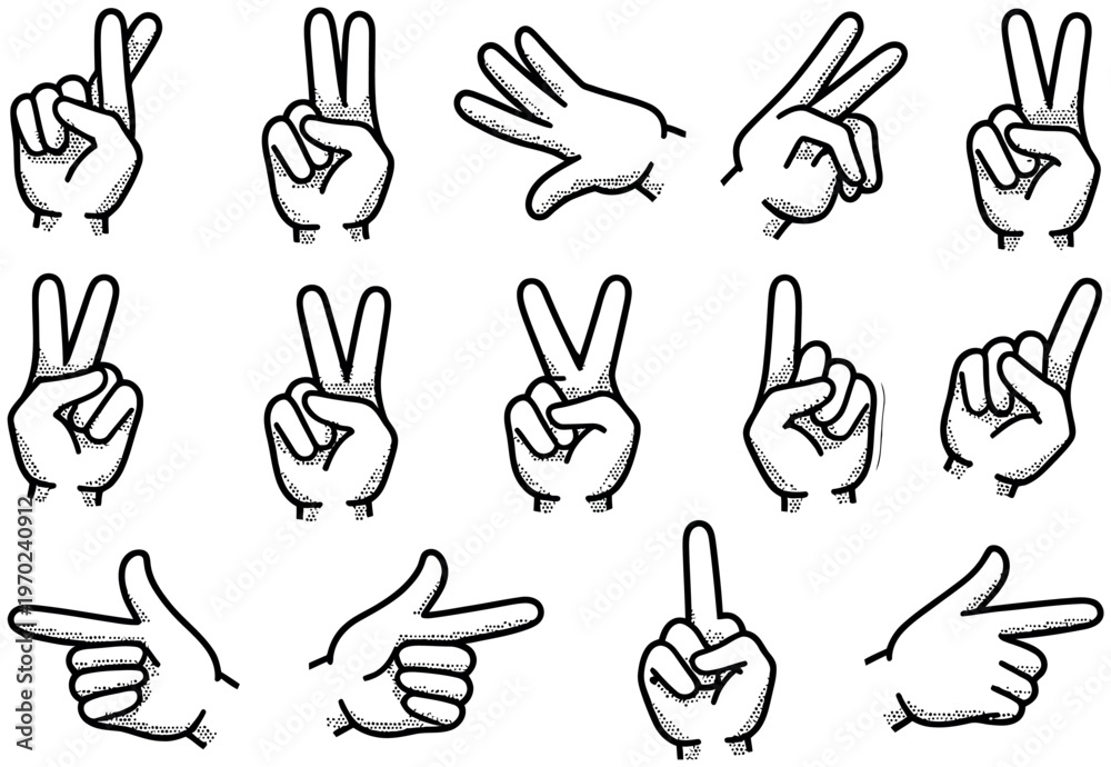 Fototapeta premium Set of human hand gestures showing different signs. collection of line art vector illustrations