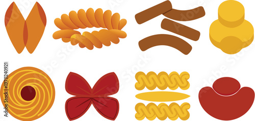 Collection of various colorful pasta shapes on white background for food illustration  many different types of pasta