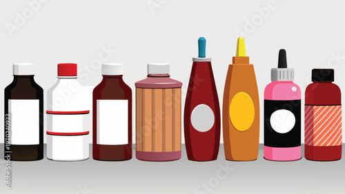 Eight bottles with different shapes and colors for medicine or condiments  various plastic containers with blank labels for product mockup