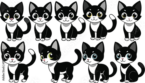 Set of cartoon black and white cats in different poses and expressions  cute animals