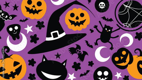 Halloween themed pattern with pumpkins ghosts bats cats witches hats moons stars and spiders on purple background  Halloween decorations and symbols