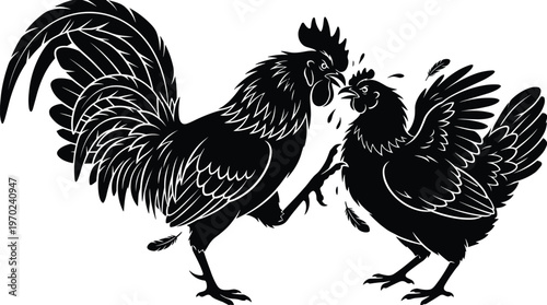 Fighting Roosters Cockfight Silhouette Illustration, Angry Chicken Combat Scene, Farm Animal Poultry Battle Concept, Black and White Vector Graphic, Isolated