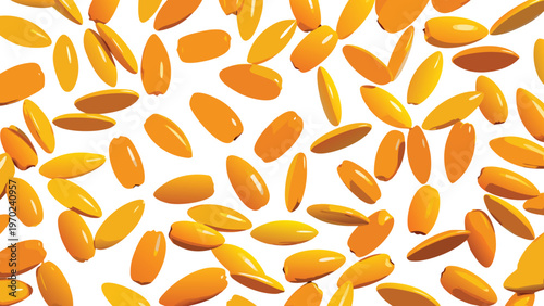 Orange seeds scattered on white background  many small orange seeds  seed texture  orange seed collection