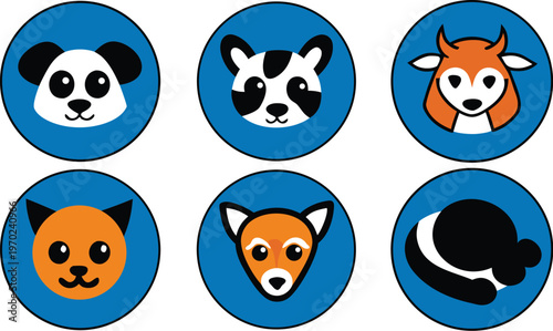 Cartoon animal faces on blue circles  panda raccoon deer fox squirrel