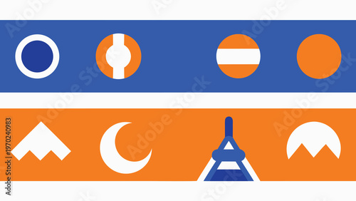 Icons of mountains moon and eiffel tower in white on blue and orange backgrounds  graphic resources collection