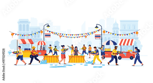 Many people celebrate a water festival with squirt guns in a lively street market setting with city buildings.