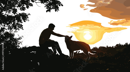 Man petting his loyal dog during a beautiful sunset in nature, silhouette of human and pet friendship in the outdoors