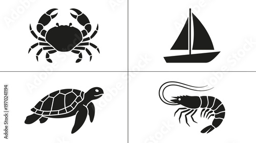 Marine life silhouette set featuring crab sailboat sea turtle and shrimp icons isolated on white background divided by black lines