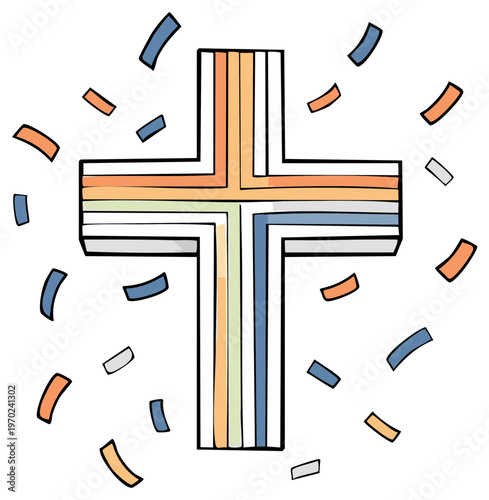 Colorful religious cross surrounded by confetti celebrating faith and spirituality