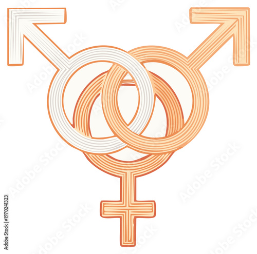 Interlocking transgender, male, female symbols illustrate LGBTQIA+ identity. Vector graphics of intersex inclusion