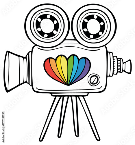 Vintage Movie Camera Line Art with Rainbow Heart – Nostalgic Film Device Illustration