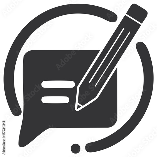 Pencil writing text message in dark gray circle icon for social media commentary and feedback