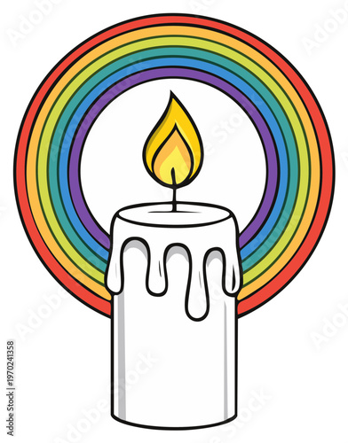 White candle with dripping wax illuminates within a vibrant rainbow circle representing hope and positivity