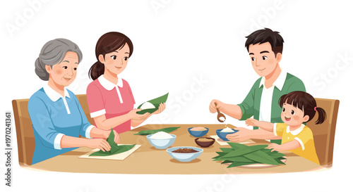 A family of four, including a grandmother and young girl, prepares zongzi with rice and green leaves at a table.