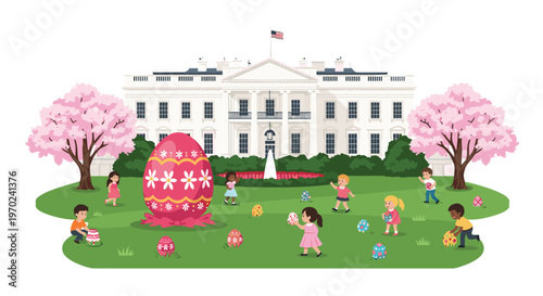 Diverse children participate in an Easter egg hunt on the White House lawn, framed by cherry blossom trees.