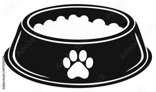 Black and white pet food bowl filled with dry kibble, paw print design.