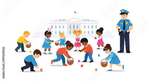 Diverse children collect colorful Easter eggs on the White House lawn while a police officer observes.