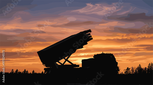 Silhouette of a multiple rocket launcher system truck parked in a field at sunset for military defense, artillery, and warfare, operations.