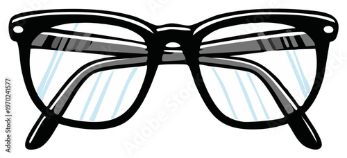 Stylized black framed eyeglasses with clear lenses featuring blue reflections