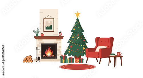 A decorated Christmas tree stands beside a lit fireplace and a red armchair in a cozy room.