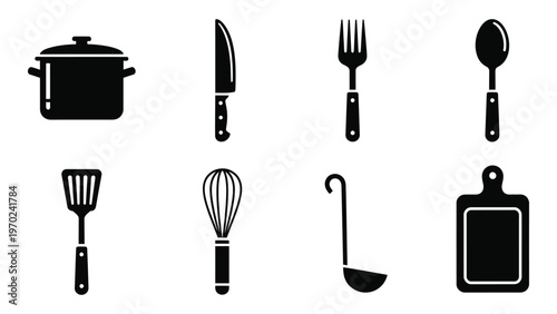 A collection of black kitchen utensils including pots knives spoons and spatulas a bold silhouette high quality professional detailed modern elegant