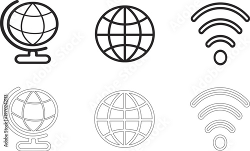 Global Communication and Connectivity Icon Set Featuring World Globe and Wi-Fi Signal