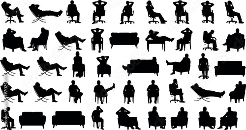 Comprehensive Collection of People Sitting and Relaxing Silhouettes in Various Poses on Chairs Sofas and Loungers for Interior Design Projects