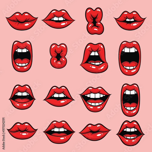 Vibrant collection of expressive lips in various playful and emotive poses Vector, illustration