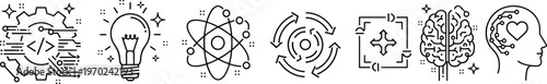 Set of flat vector illustration icons representing artificial intelligence, creative thinking, scientific research, agile processing, digital brain, and human emotional intelligence