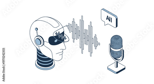 Isometric AI Voice Recognition and Synthesis Illustration; Robot Head with Microphone and Audio Waves Concept for Artificial Intelligence Technology