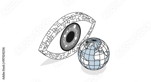 Isometric Digital Eye Monitoring the Globe - Global Surveillance, Data Privacy, and Cyber Security Concept
