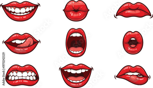 Red woman lips set with various mouth expressions, smile, teeth, and tongue, vector illustration collection