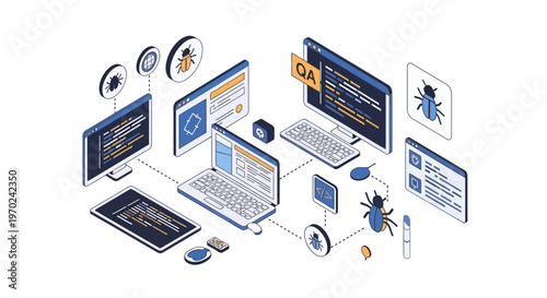 Software Testing and Quality Assurance Concept Isometric Illustration showing Debugging, Application Development, and QA Process on Multiple Devices