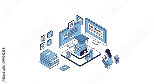 Isometric E-Learning Illustration with Student, Books, and Digital Screens for Online Education Concept