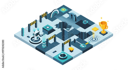 AI Robot Navigating Isometric Obstacle Course Maze to Reach Gold Trophy, Machine Learning and Problem Solving Concept Illustration