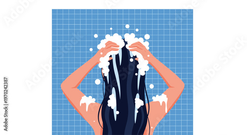 A person with long dark hair washes their hair with shampoo lather in a blue tiled bathroom.