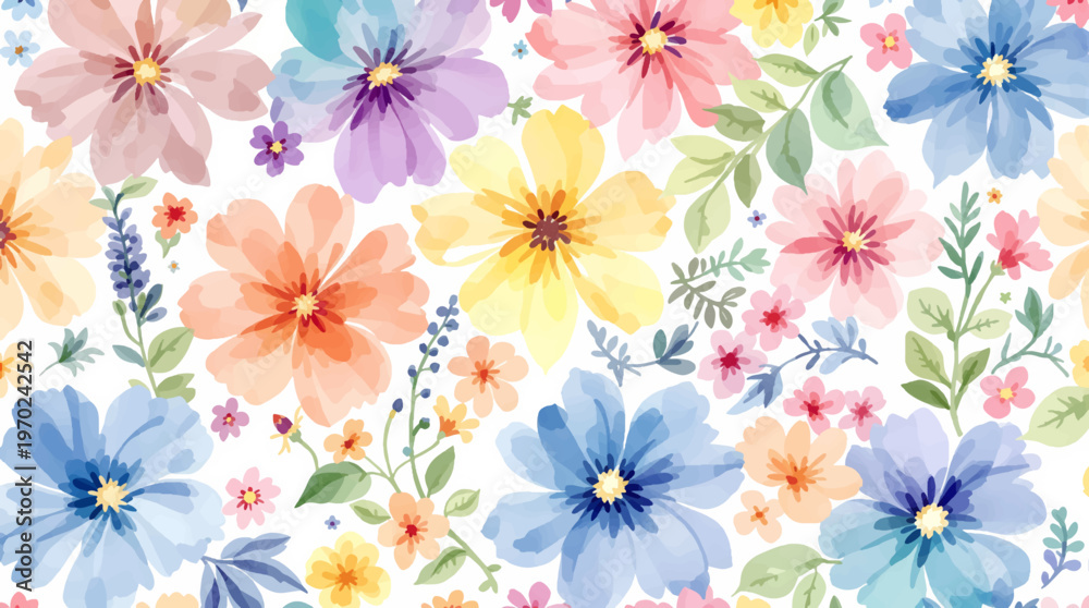 Obraz premium A charming floral background with watercolor blossoms scattered across a light surface