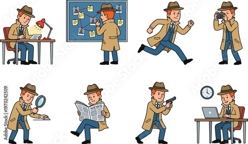 Detective character in various poses, investigator solving crimes, private eye agent flat vector illustration set