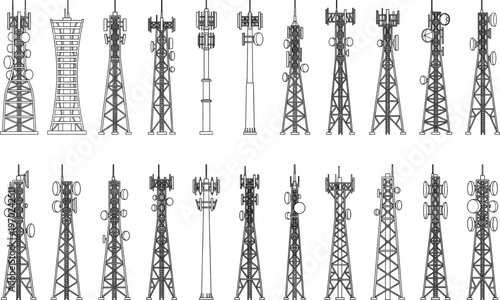 Telecommunication tower and mobile network antenna mast station set, radio signal transmitter flat vector illustration