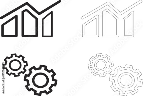 Business Statistics and Mechanical Operations Icon Set with Bar Chart and Cogwheels