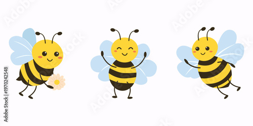 Set of three cute cartoon bees with a flower. Happy bumblebee characters for kids design.Adorable insects for spring and summer designs. Vector illustration isolated on white background.