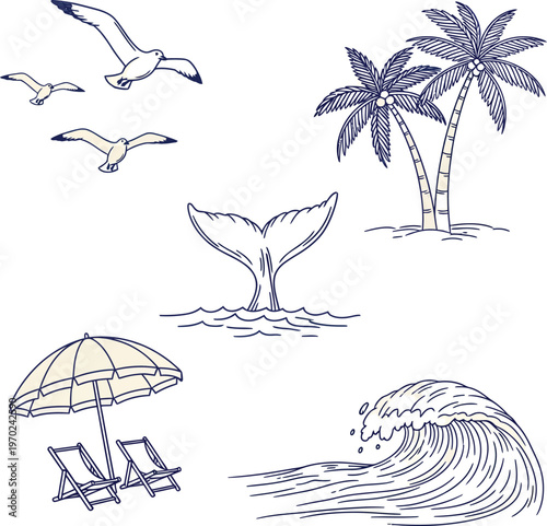 Whimsical illustrations of coastal life and beachside relaxation elements Vector, illustration