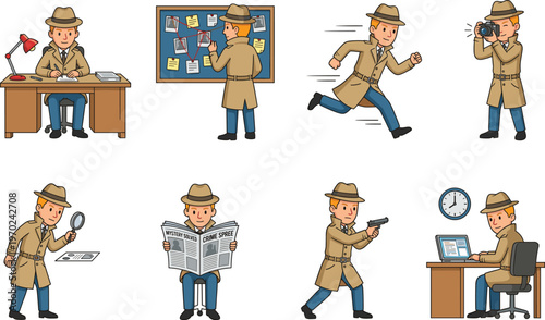 Detective character in various poses, investigator solving crimes, private eye agent flat vector illustration set